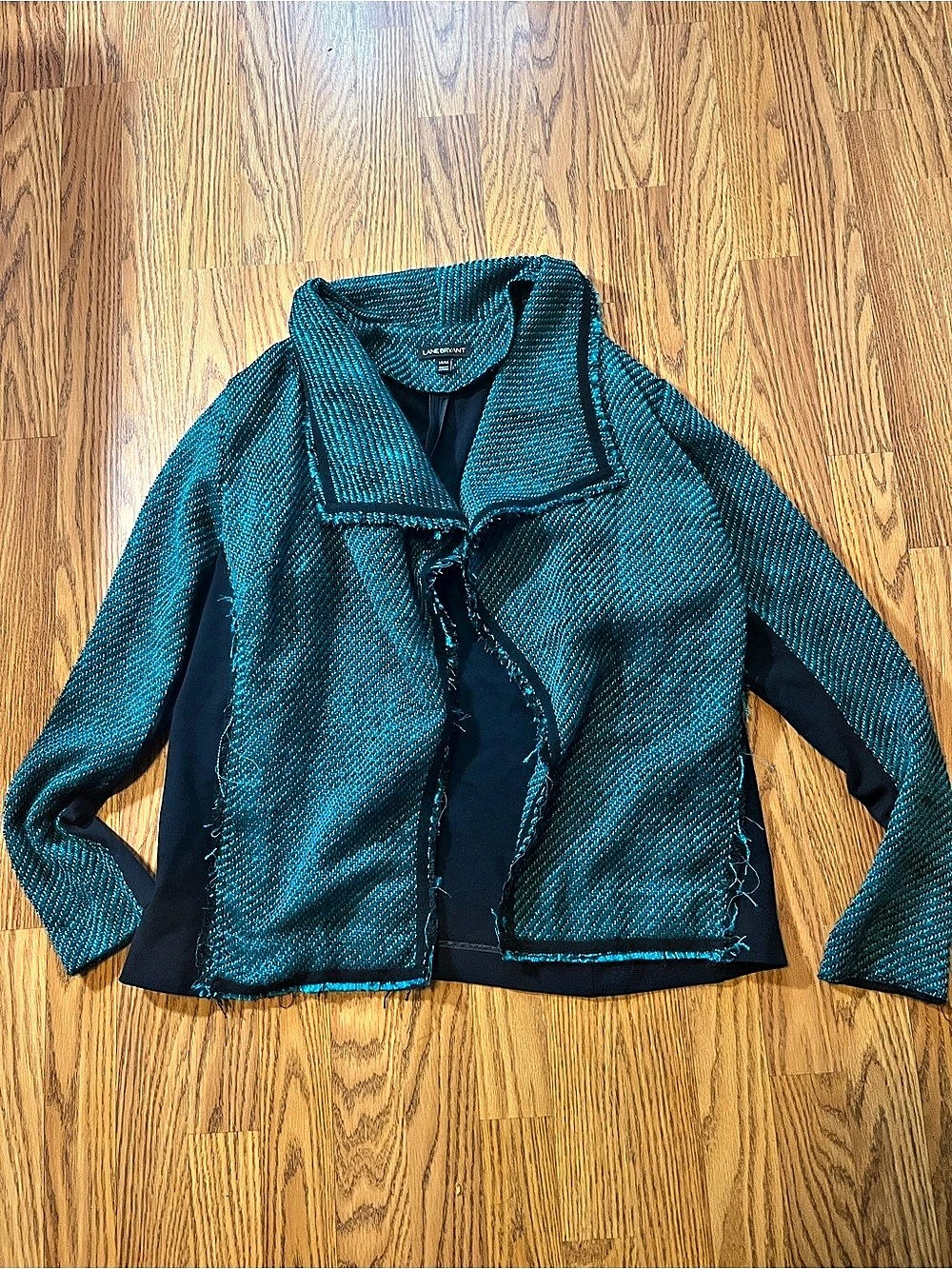 Lane Bryant Womens 14/16 Teal Black Tweed Mixed Media Open Front Cardigan Jacket